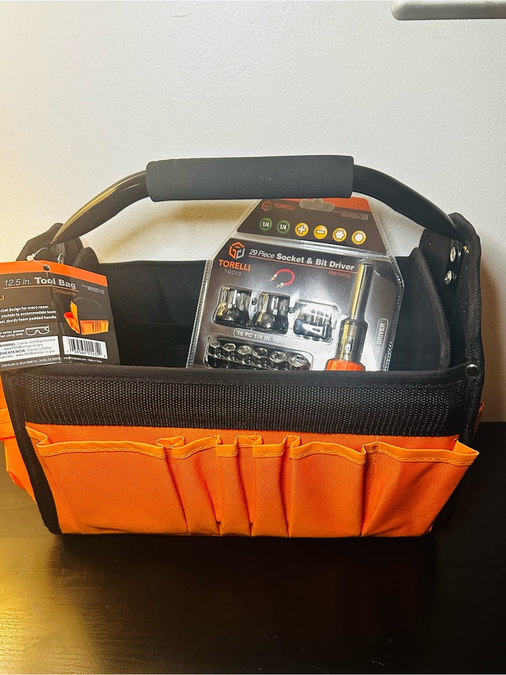 Tortelli Orange and Black Open-Top Tool Organizer Bag with Tools Set